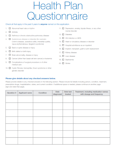 sample health plan questionnaire template