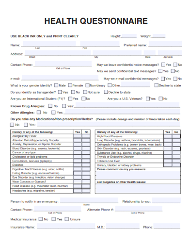 sample health questionnaire basic template