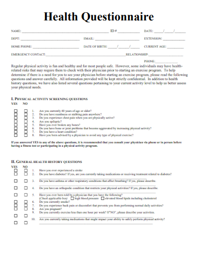 sample health questionnaire blank template