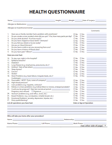 sample health questionnaire formal template