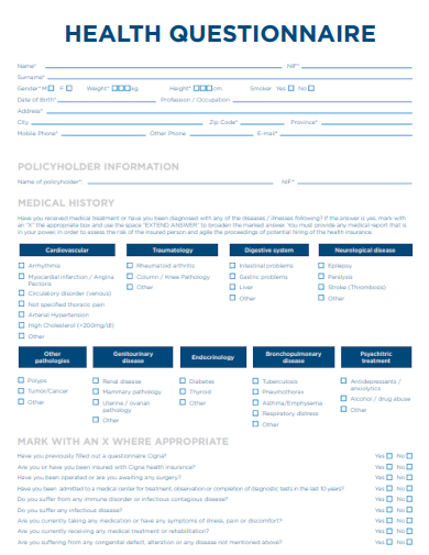 sample health questionnaire professional template