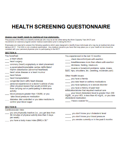 sample health screening questionnaire template