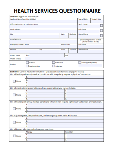 sample health service questionnaire template