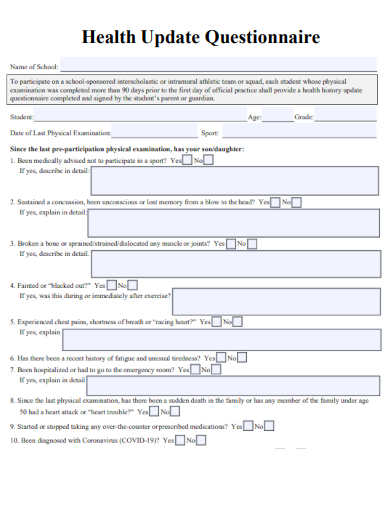 sample health update questionnaire template