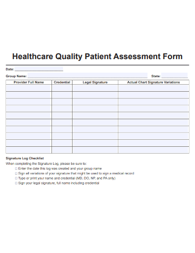sample healthcare quality patient assessment form template