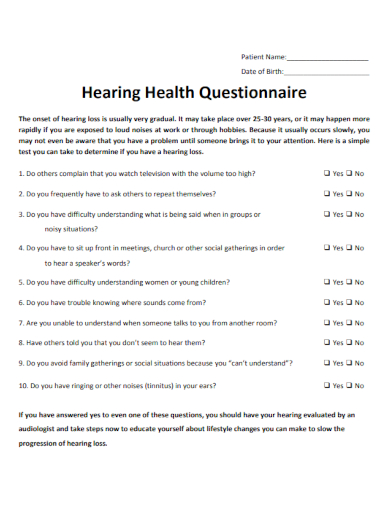 sample hearing health questionnaire template