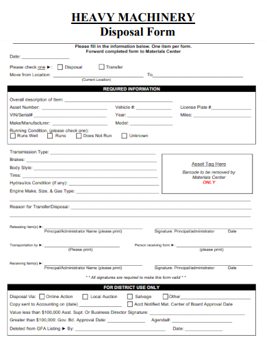 sample heavy machinery disposal form template