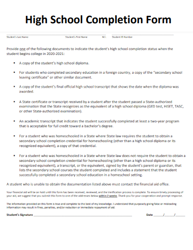 sample high school completion form template