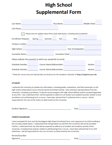 sample high school supplemental form template