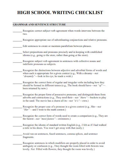sample high school writing checklist template