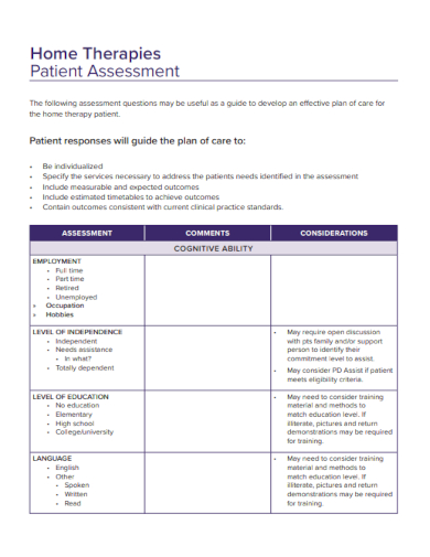 sample home therapies patient assessment form template