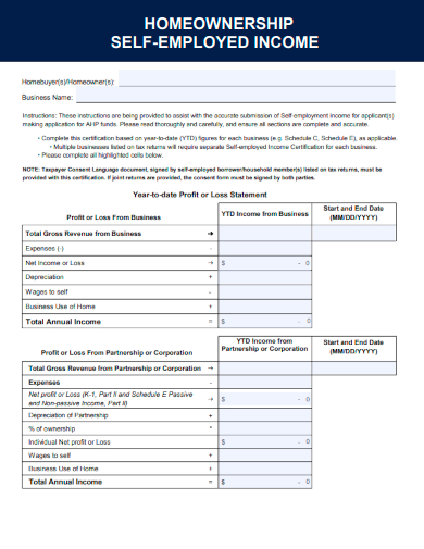 sample homeownership self employed income template