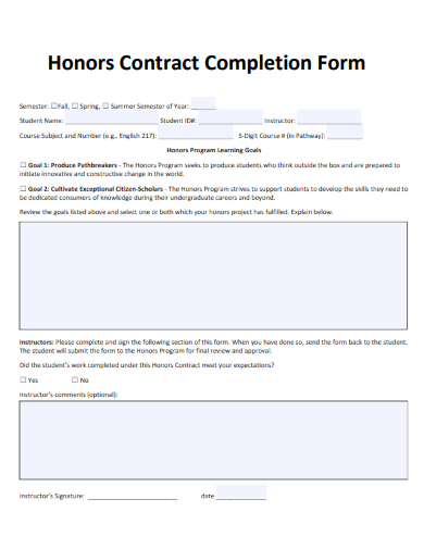 sample honors contract completion form template