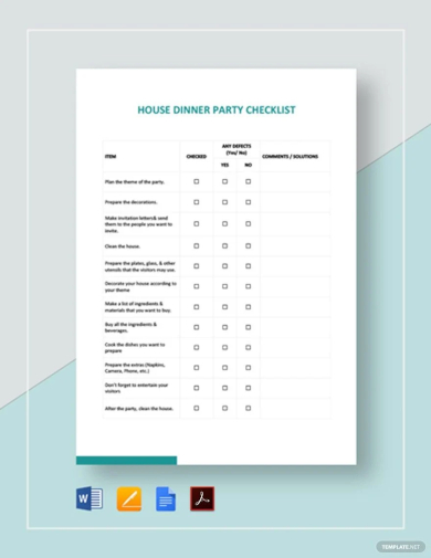 sample house dinner party checklist template