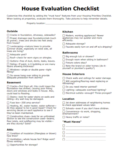 sample house evaluation checklist template