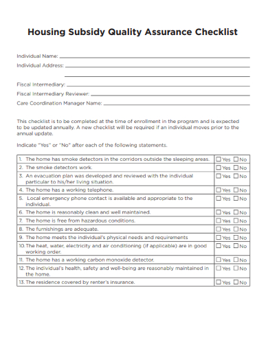 sample housing subsidy quality assurance checklist template