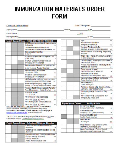 sample immunization materials order form template