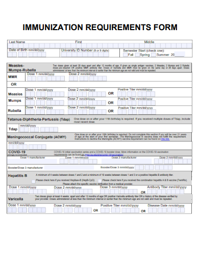 sample immunization requirements form template