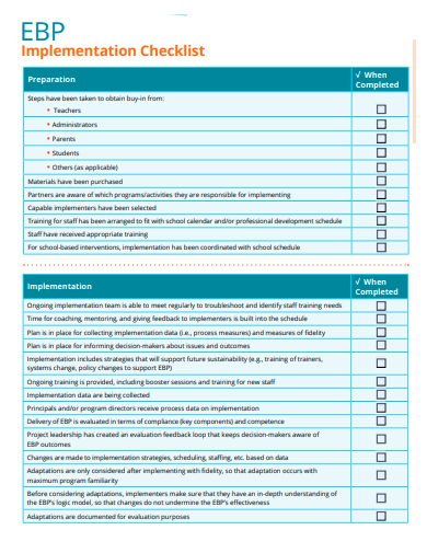 sample implementation checklist template