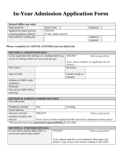 sample in year admission application form template