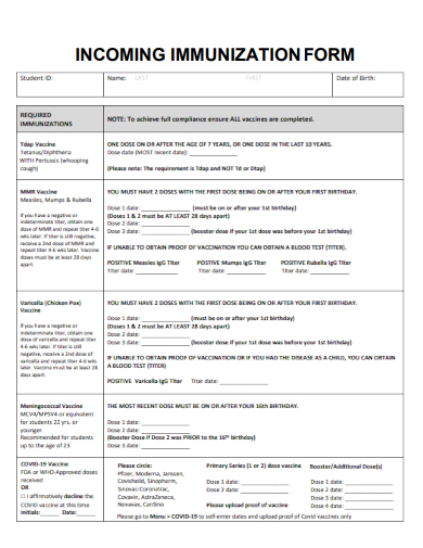 sample incoming immunization form template