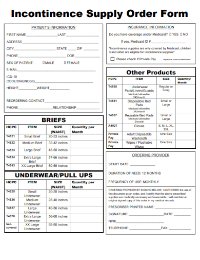 sample incontinence supply order form template