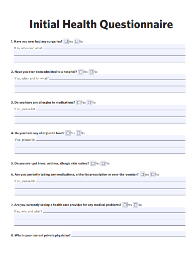 sample initial health questionnaire template