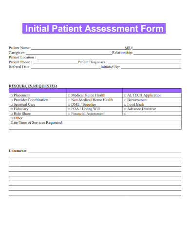 sample initial patient assessment form template