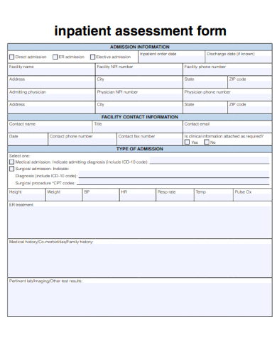 sample inpatient assessment form template