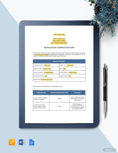 sample installation completion form template