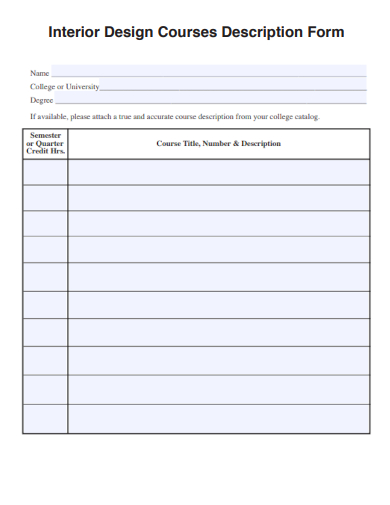 sample interior design courses description form template