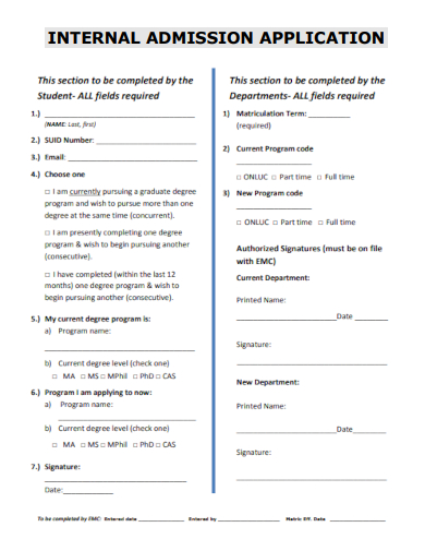 sample internal admission application form template