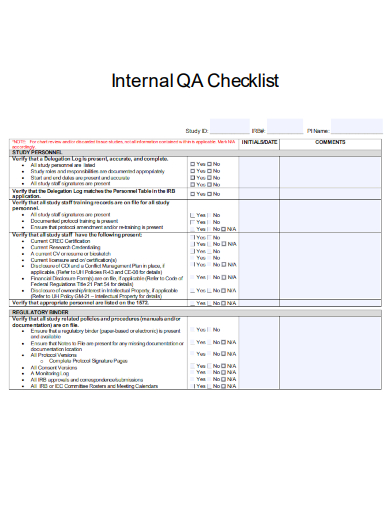 sample internal quality assurance checklist template