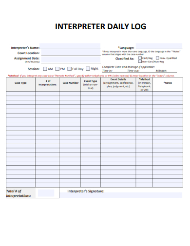 sample interpreter daily log form template