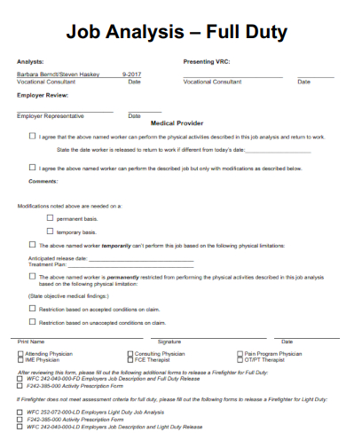 sample job analysis full duty form template