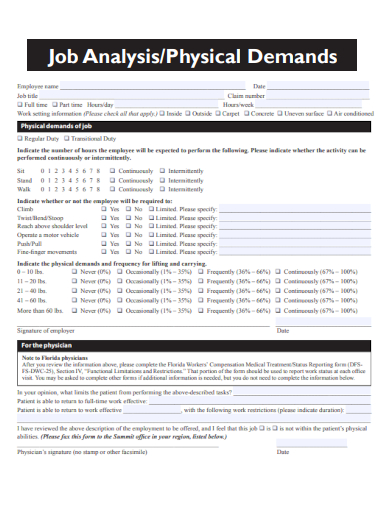 sample job analysis physical demands form template