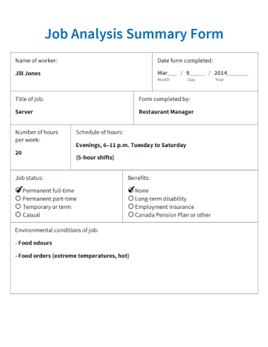 sample job analysis summary form template