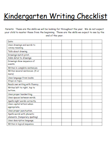 sample kindergarten writing checklist template