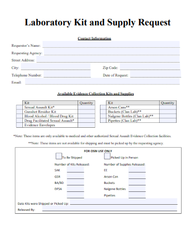 sample laboratory kit supply request template