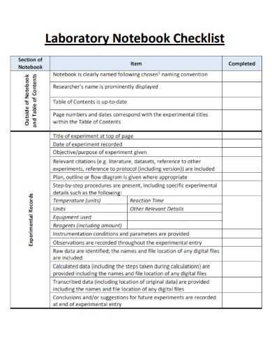sample laboratory notebook checklist template