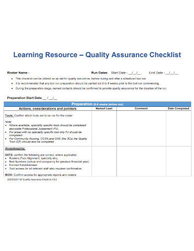 sample learning resource quality assurance checklist template