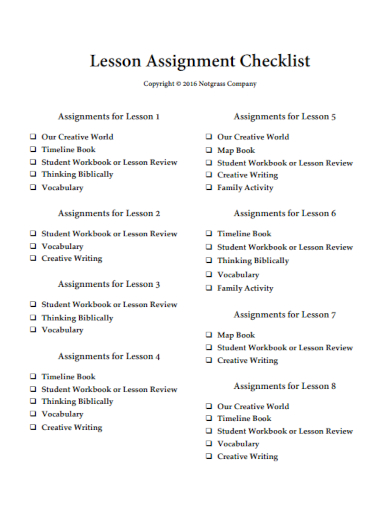 sample lesson assignment checklist template