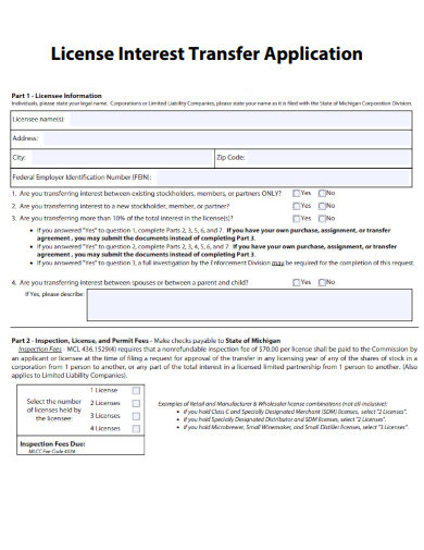 sample license interest transfer application form template