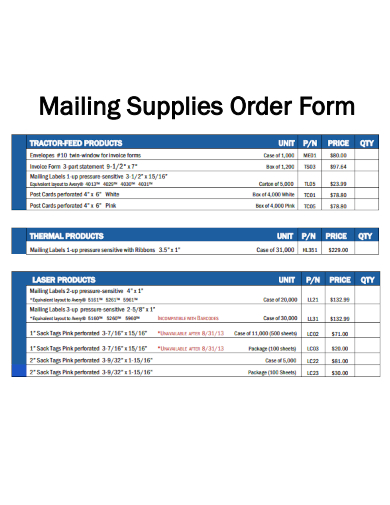 sample mailing supplies order form template