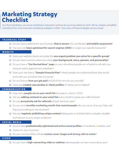 sample marketing strategy checklist template