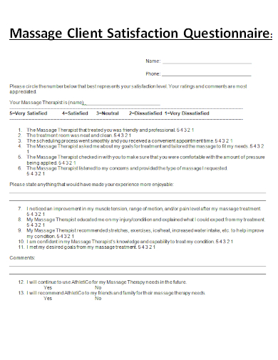 sample massage client satisfaction questionnaire template
