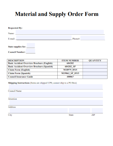 sample material and supply order form template
