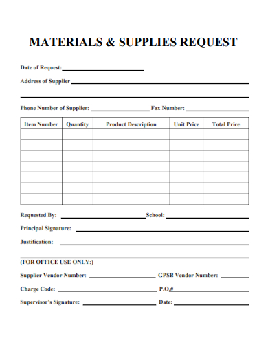 sample materials supplies request template