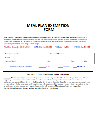 sample meal plan exemption form template