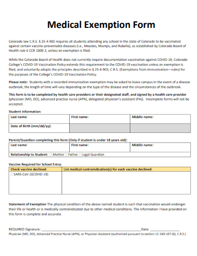 sample medical exemption form template